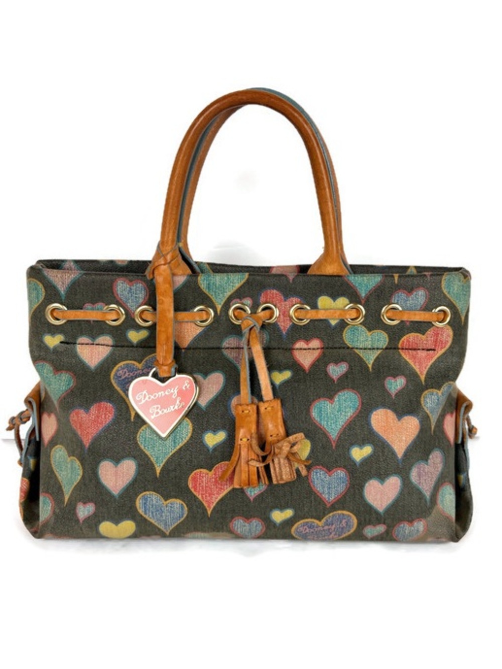 Dooney & Bourke Colorful Hearts Print Shoulder Handbag in Black/Tan